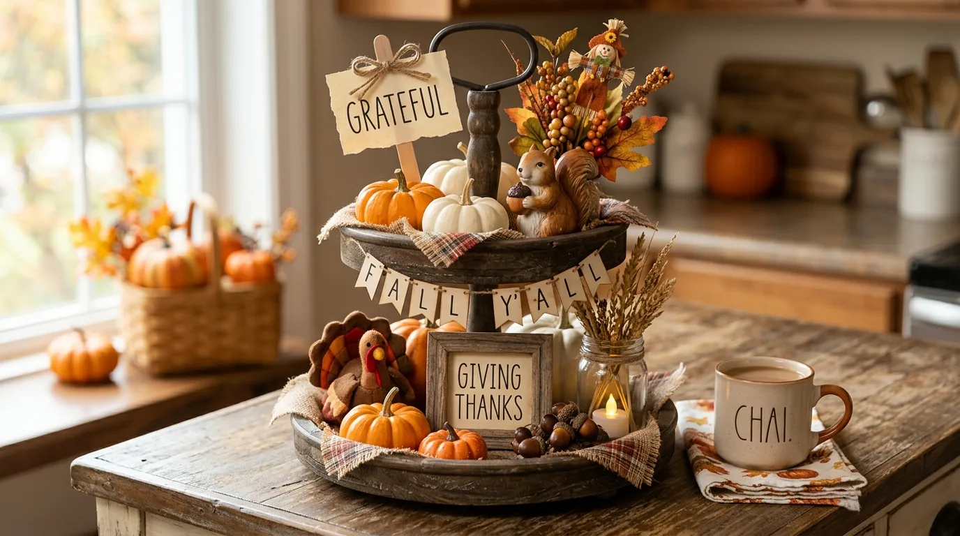 DIY Dollar Store Thanksgiving tiered tray decor